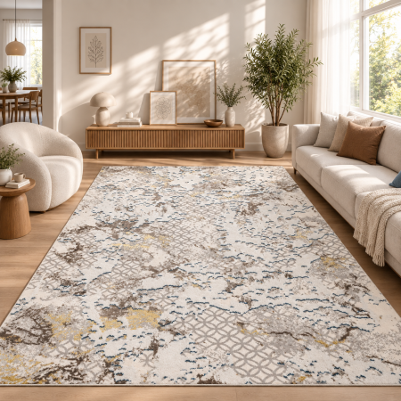 Covoare Moderne si Geometrice - Covor Model Elsa 12290/2, Marime 240x340 cm, Crem/Auriu, Poliester 100%, Inaltime Fir 5 mm, Living, Dormitor, Sufragerie, Birou