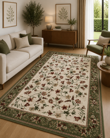 Z1 - Covor Model Lotos 15075, Marime 200x300 cm, Verde, Inaltime Fir 9 mm, Polipropilena, Living, Dormitor, Sufragerie, Hol