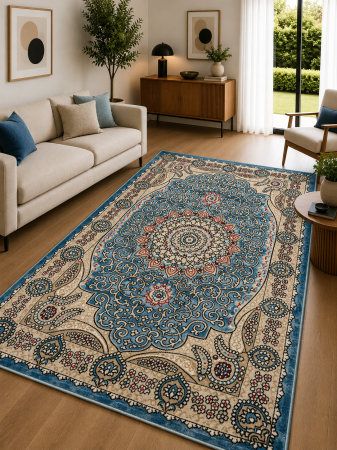 Covoare Clasice - Covor Model Queen 10220, Marime 120 x 200 cm, Albastru, Inaltime Fir 4 mm, Polipropilena, Living, Dormitor, Sufragerie, Hol