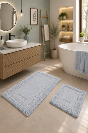 Geometrice - Set 2 Covorase Baie Model Rombs 12 Albastru, Marime 60x100 cm si 50x60 cm, 100% Bumbac, Baie