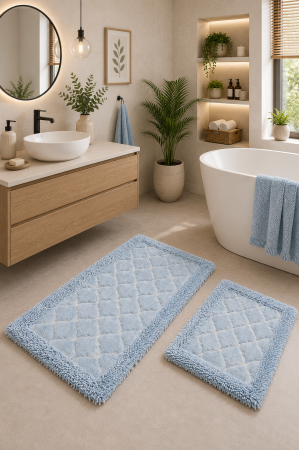 Geometrice - Set 2 Covorase Baie Model Rombs Albastru, Marime 60x100 cm si 50x60 cm, 100% Bumbac, Baie