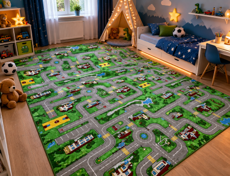 Copii & Educationale - traversa Print Roads, verde, 100 x 200 cm, antialergic