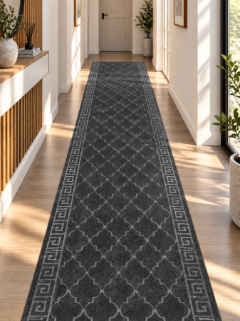 Mocheta - Traversa Model Versace, Latime 80 cm, Gri, Poliester 100%, Fir 3 mm, Living, Dormitor, Hol, Coridor