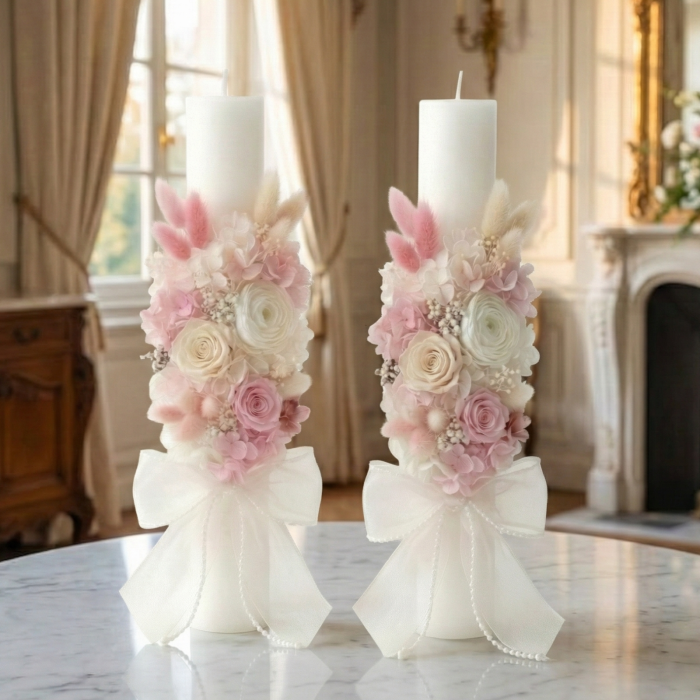 Set 2 Lumânări Cununie „ Royal Pearl” – Flori Criogenate și Trandafiri [2]