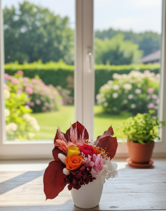 APUS INCENDIAR - ARANJAMENT IN VAS CERAMIC ALB CU TRANDAFIRI CRIOGENATI IN VAS CERAMIC ALB [1]