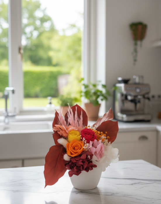 APUS INCENDIAR - ARANJAMENT IN VAS CERAMIC ALB CU TRANDAFIRI CRIOGENATI IN VAS CERAMIC ALB [3]