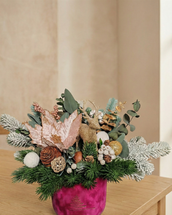 Aranjament Craciun Cutie Siclam cu Ren Auriu - Decoratiune Cadou [1]