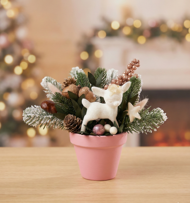 Aranjament Craciun in Ghiveci Roz cu Caprioara Alba si Brad Nins [1]