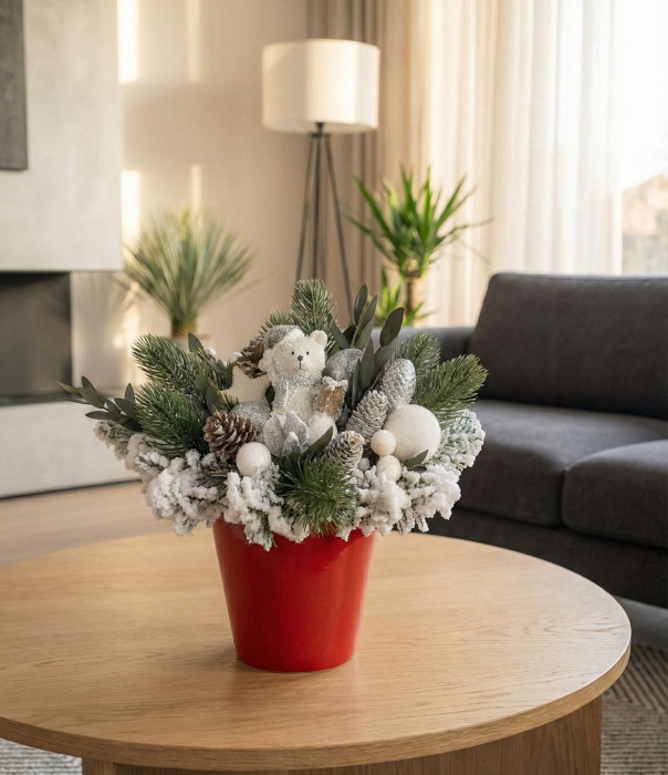 Aranjament Craciun in Vas Rosu cu Ursulet Polar si Brad Nins [1]