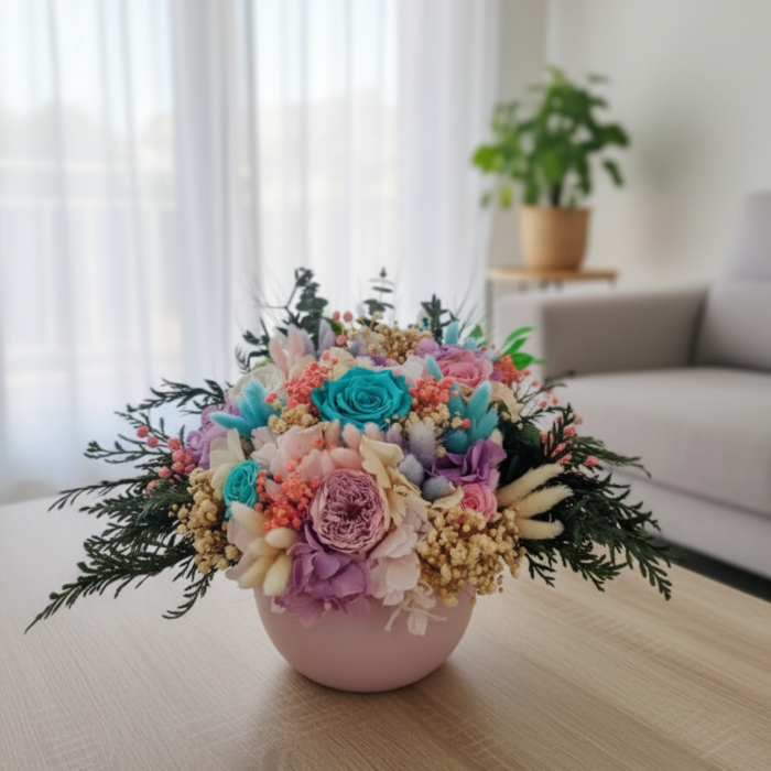 Carusel Cromatic - Aranjament Floral cu Trandafiri Criogenati si plante naturale stabilizate [2]