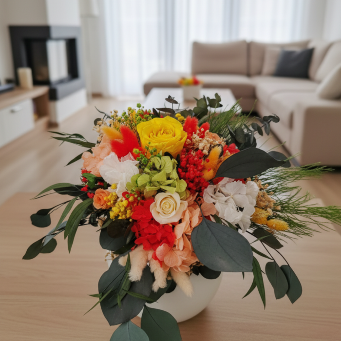 Aranjament Floral Phoenix cu Trandafiri Criogenati Galbeni si Rosii [4]