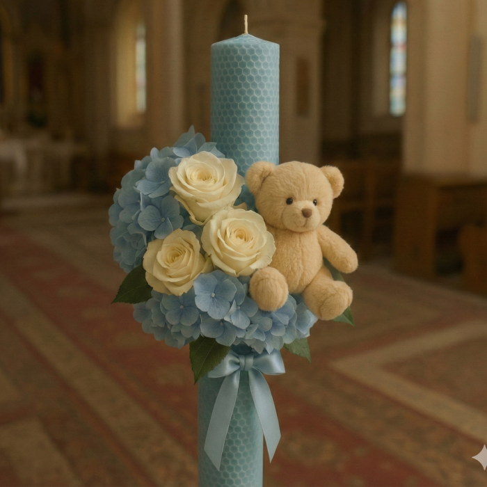 Bear Baby Blue - Lumanare De Botez Din Ceara Naturala De Albine, Blue Pastel, Cu Flori Criogenate Si Ursulet [2]