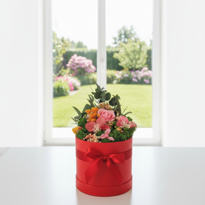 Calypso - Aranjament in Cutie Rosie cu Trandafir Criogenat Roz [2]