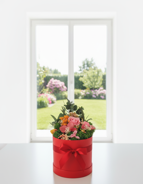 Calypso - Aranjament in Cutie Rosie cu Trandafir Criogenat Roz [1]