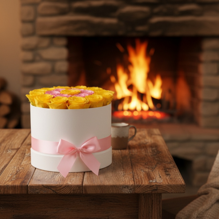 Cutie Albă Armonie Bicoloră – Trandafiri Criogenați Galbeni și Roz [3]