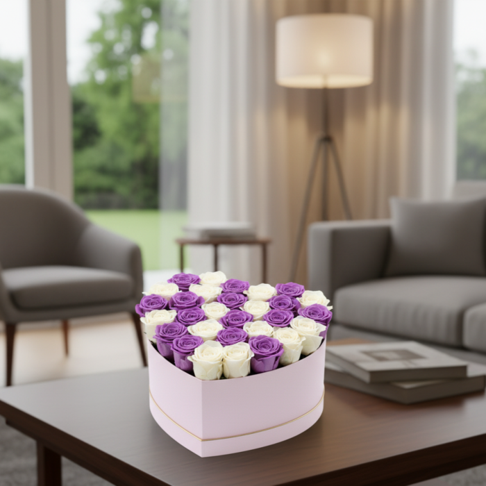 Duo Regal - Cutie Inima cu Trandafiri Criogenati Mov si Albi [2]