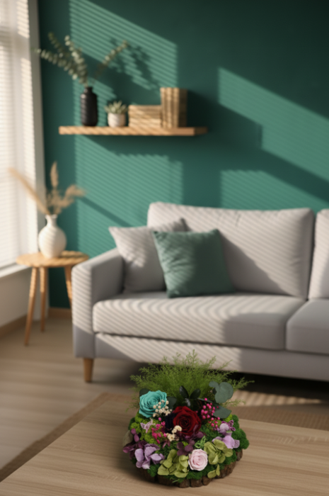 ECO DE PADURE - Aranjament Floral pe Suport de Lemn cu Licheni și Flori Criogenate [2]