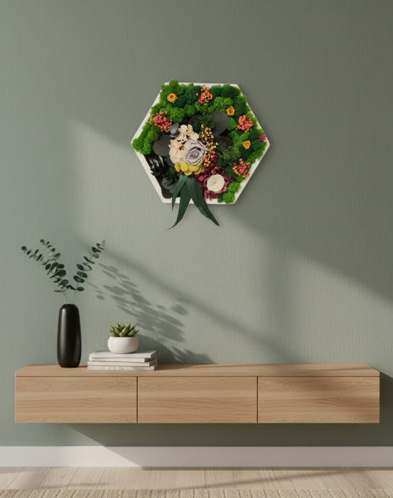 HEXA GARDEN - Tablou Hexagonal cu Licheni si Aranjament Floral Criogenat [2]