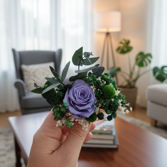 PURPLE FLOWER - COCARDA CU TRANDAFIR CRIOGENAT SI PLANTE NATURALE STABILIZATE [2]