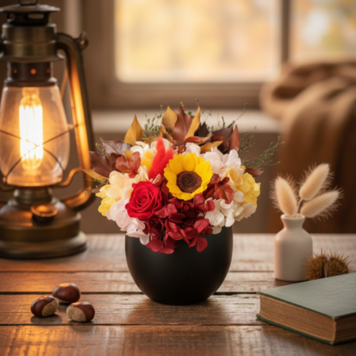 Rasarit de Toamna - Aranjament in Vas Negru cu Floarea-Soarelui Criogenata [2]