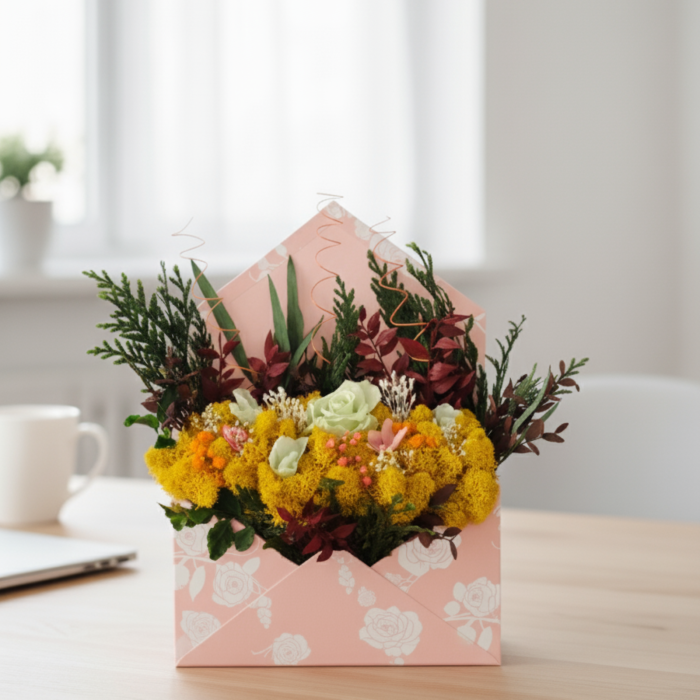 SCRISOARE AURIE - ARANJAMENT IN FORMA DE PLIC CU LICHENI GALBENI SI FLORI CRIOGENATI [2]