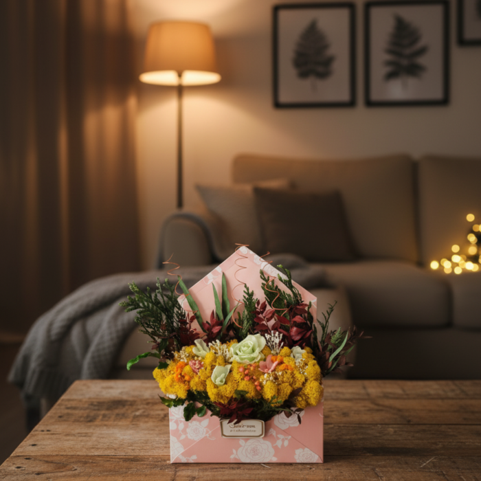 SCRISOARE AURIE - ARANJAMENT IN FORMA DE PLIC CU LICHENI GALBENI SI FLORI CRIOGENATI [3]