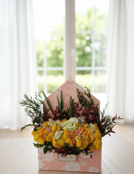 SCRISOARE AURIE - ARANJAMENT IN FORMA DE PLIC CU LICHENI GALBENI SI FLORI CRIOGENATI [1]