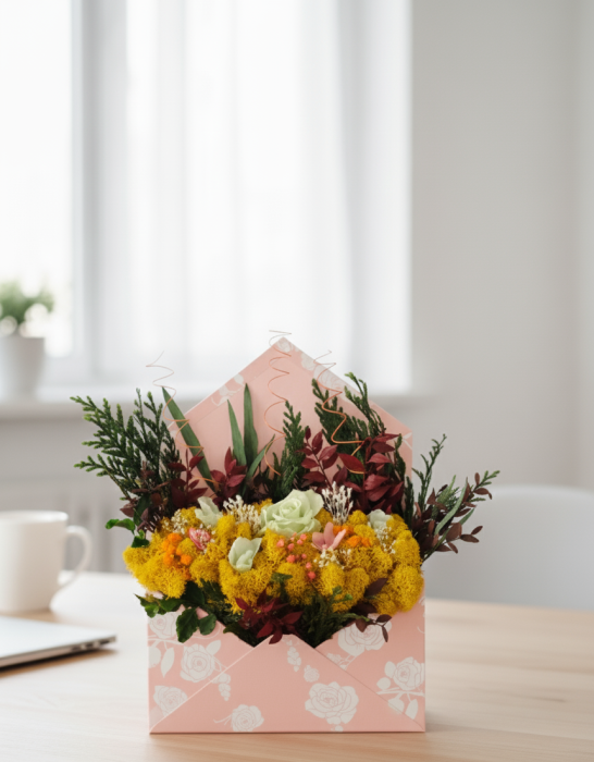 SCRISOARE AURIE - ARANJAMENT IN FORMA DE PLIC CU LICHENI GALBENI SI FLORI CRIOGENATI [3]