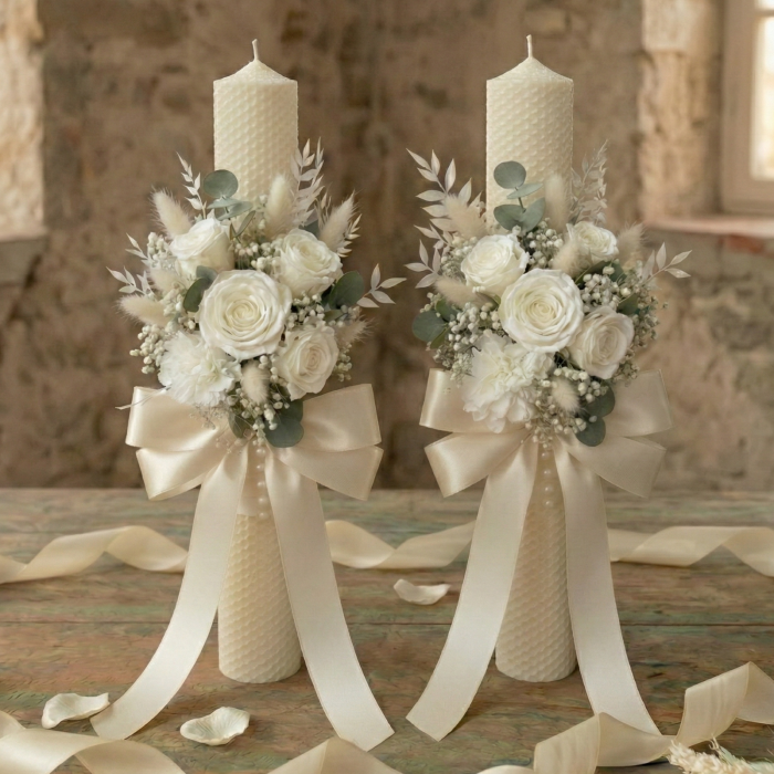 Set 2 Lumânări Cununie cu Flori Criogenate și Trandafiri Albi – Classic Romance [2]