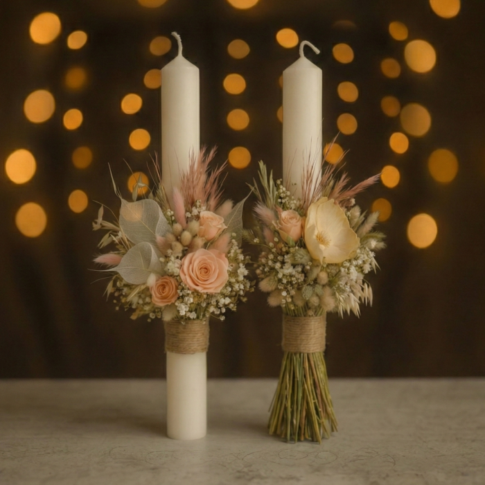 Set 2 Lumânări Cununie Flori Criogenate și Trandafiri Piersică – Design Rustic [2]