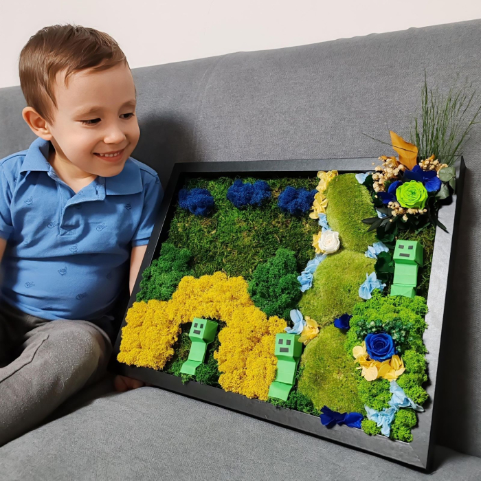 Tablou cu Licheni și Figurine Origami Minecraft – Decor Handmade pentru Camera Copilului [2]