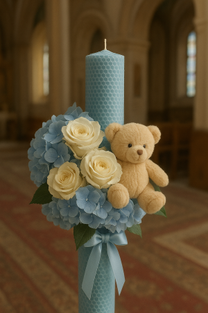PENTRU BOTEZ - BEAR BABY BLUE - Lumanare de botez din ceara naturala de albine, blue pastel, cu flori criogenate și ursuleț