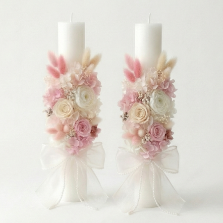 Nunta - Set 2 Lumânări Cununie „ Royal Pearl” – Flori Criogenate și Trandafiri