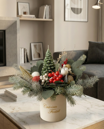 COLECTIA DE CRACIUN - Aranjament Craciun in Cutie Alba cu Lumanare Brad si Mesaj Festiv