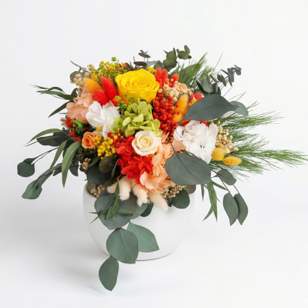 Aranjament Floral Phoenix cu Trandafiri Criogenati Galbeni si Rosii