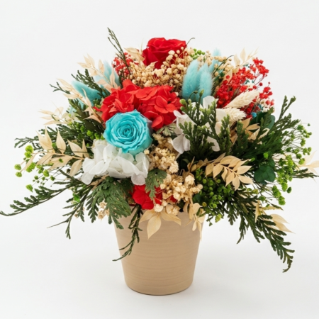 Aranjamente Florale - Red Energy - Aranjament Floral cu Trandafir Rosu, Turcoaz si Alb