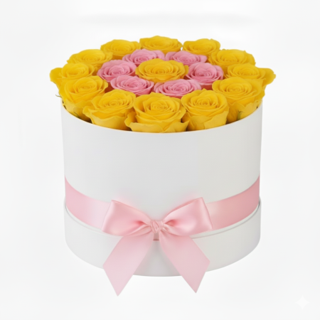 ARANJAMENTE FLORALE - Armonie Bicolora | Cutie 19 Trandafiri Criogenati Galbeni si Roz