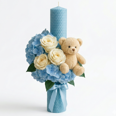 Botez - Bear Baby Blue - Lumanare De Botez Din Ceara Naturala De Albine, Blue Pastel, Cu Flori Criogenate Si Ursulet