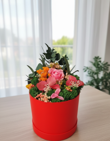 Calypso - Aranjament in Cutie Rosie cu Trandafir Criogenat Roz [1]