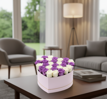 Duo Regal - Cutie Inima cu Trandafiri Criogenati Mov si Albi [1]