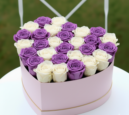 Duo Regal - Cutie Inima cu Trandafiri Criogenati Mov si Albi [2]
