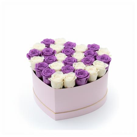 ARANJAMENTE FLORALE - Duo Regal - Cutie Inima cu Trandafiri Criogenati Mov si Albi