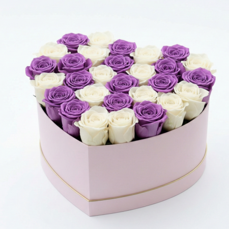 Cadouri Decorative - Duo Regal - Cutie Inima cu Trandafiri Criogenati Mov si Albi