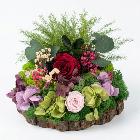 Aranjamente Florale - ECO DE PADURE - Aranjament Floral pe Suport de Lemn cu Licheni și Flori Criogenate