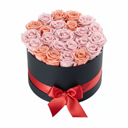 ARANJAMENTE FLORALE - ELEGANTA IN CONTRAST - CUTIE NEAGRA CU TRANDAFIRI CRIOGENATI ROZ SI SOMON