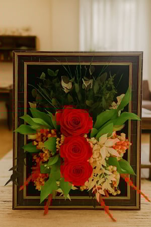 DECORATIUNI CU LICHENI - ELIXIRUL ROSU -  ARANJAMENT IN RAMA 3D CU TRANDAFIRI CRIOGENATI ROSII