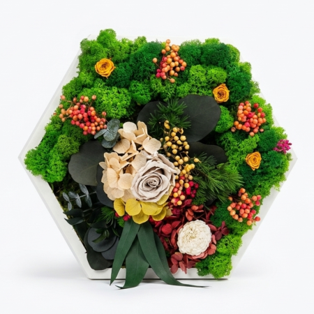 HEXA GARDEN - Tablou Hexagonal cu Licheni si Aranjament Floral Criogenat