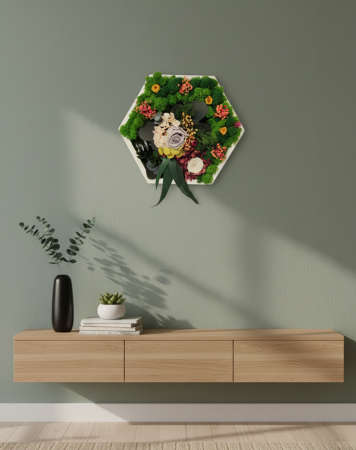 HEXA GARDEN - Tablou Hexagonal cu Licheni si Aranjament Floral Criogenat [1]