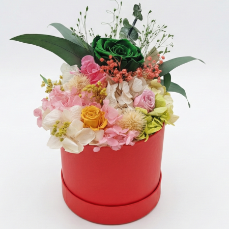 Colecția de Toamnă - MOZAIC FLORAL - Aranjament în Cutie Rosie cu Flori Naturale Criogenate