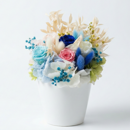 Colecția de Toamnă - OCEAN DE CULORI - Aranjament floral cu trandafiri criogenati și plante naturale stabilizate